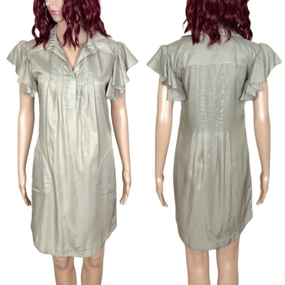 Ali Ro Womens Pleated Shirt Dress size 2 Khaki Taupe Ruffle Sleeve Knee Length - Picture 2 of 12